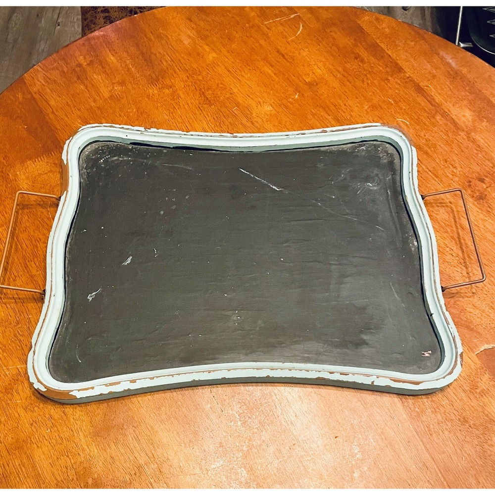 Decorative Serving Tray with Handles Vintage Style Chalkboard Display Teal Blue‎